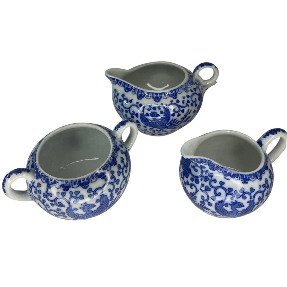 Vintage Blue‎ White Flying Phoenix Porcelain Creamer Sugar Set Japan 3 Piece